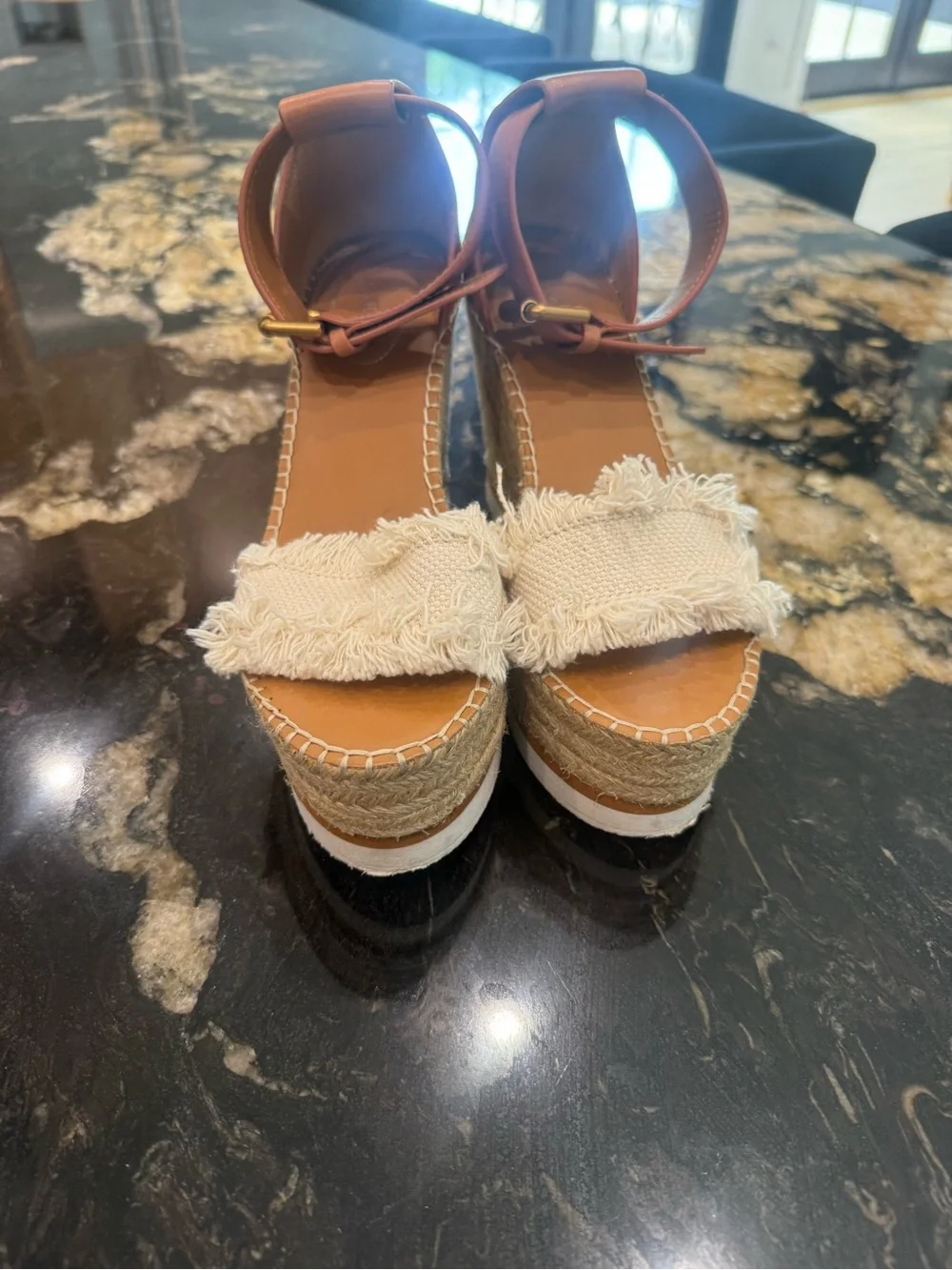 See By Chloe Glyn Wedge Espadrille Ankle-Strap Sandal in Tan and Cream